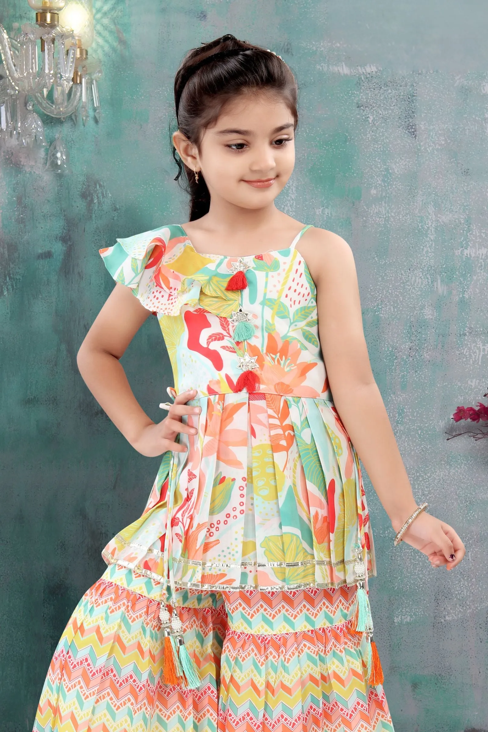 Cream with Multicolor Digital Print and Mirror work Sharara Set for Girls