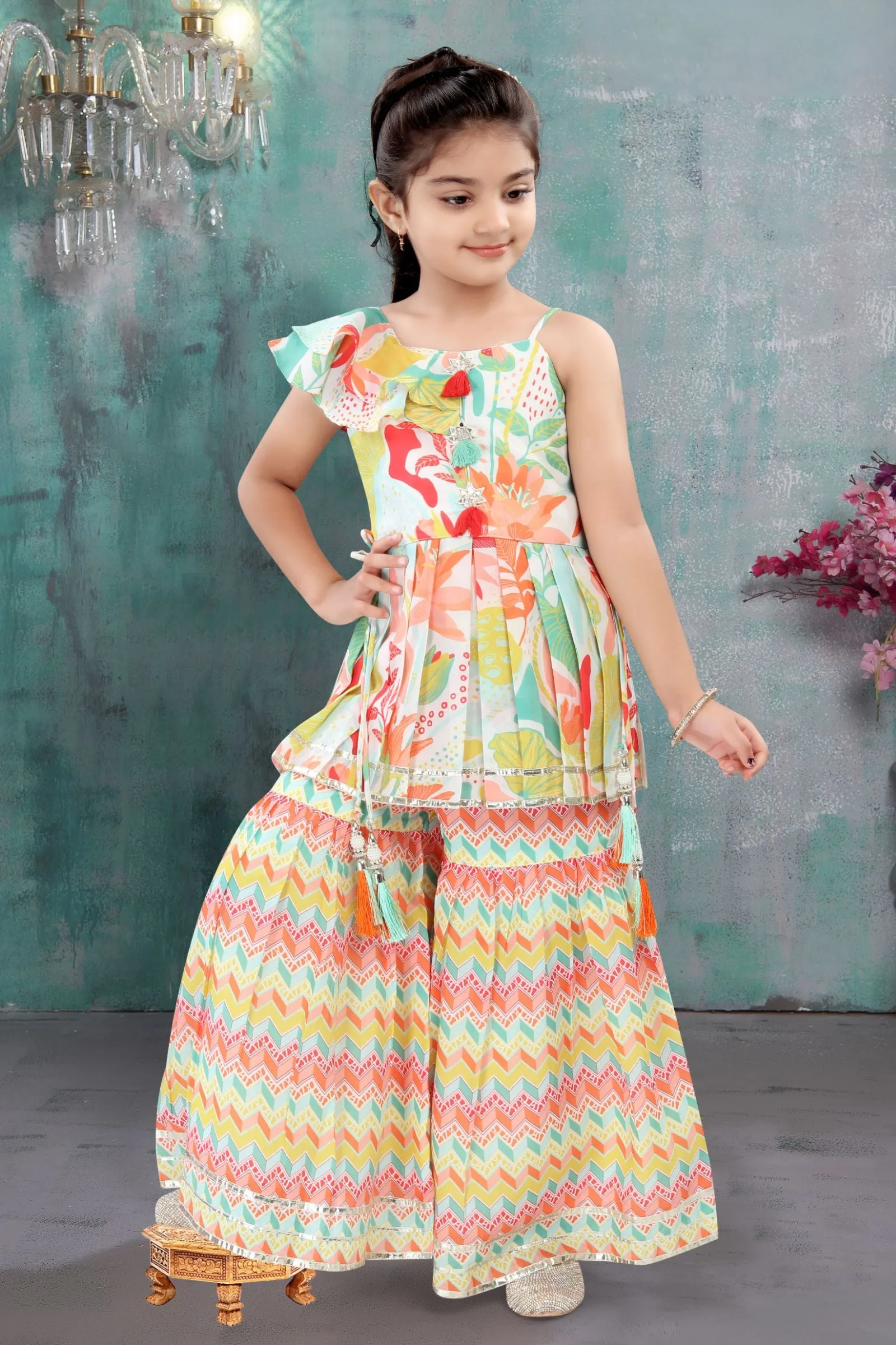 Cream with Multicolor Digital Print and Mirror work Sharara Set for Girls