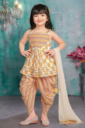 Cream with Multicolor Digital print, Pearl and Beads work Dhoti Style Peplum Kurti for Girls