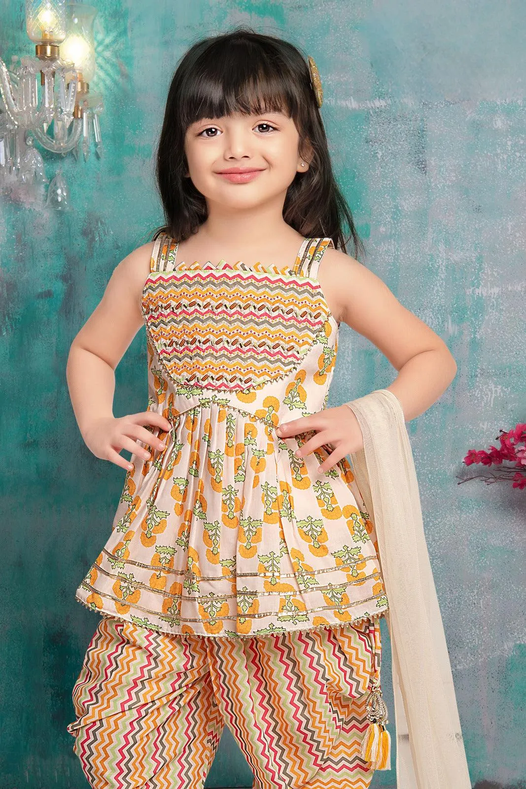 Cream with Multicolor Digital print, Pearl and Beads work Dhoti Style Peplum Kurti for Girls