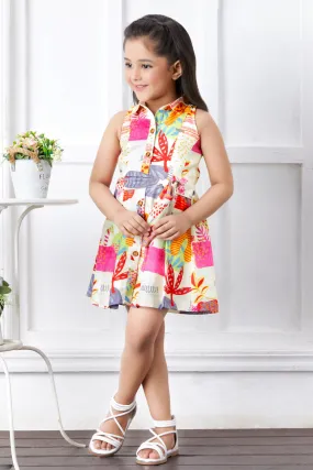 Cream with Multicolor Digital Print Short Casual Frock For Girls