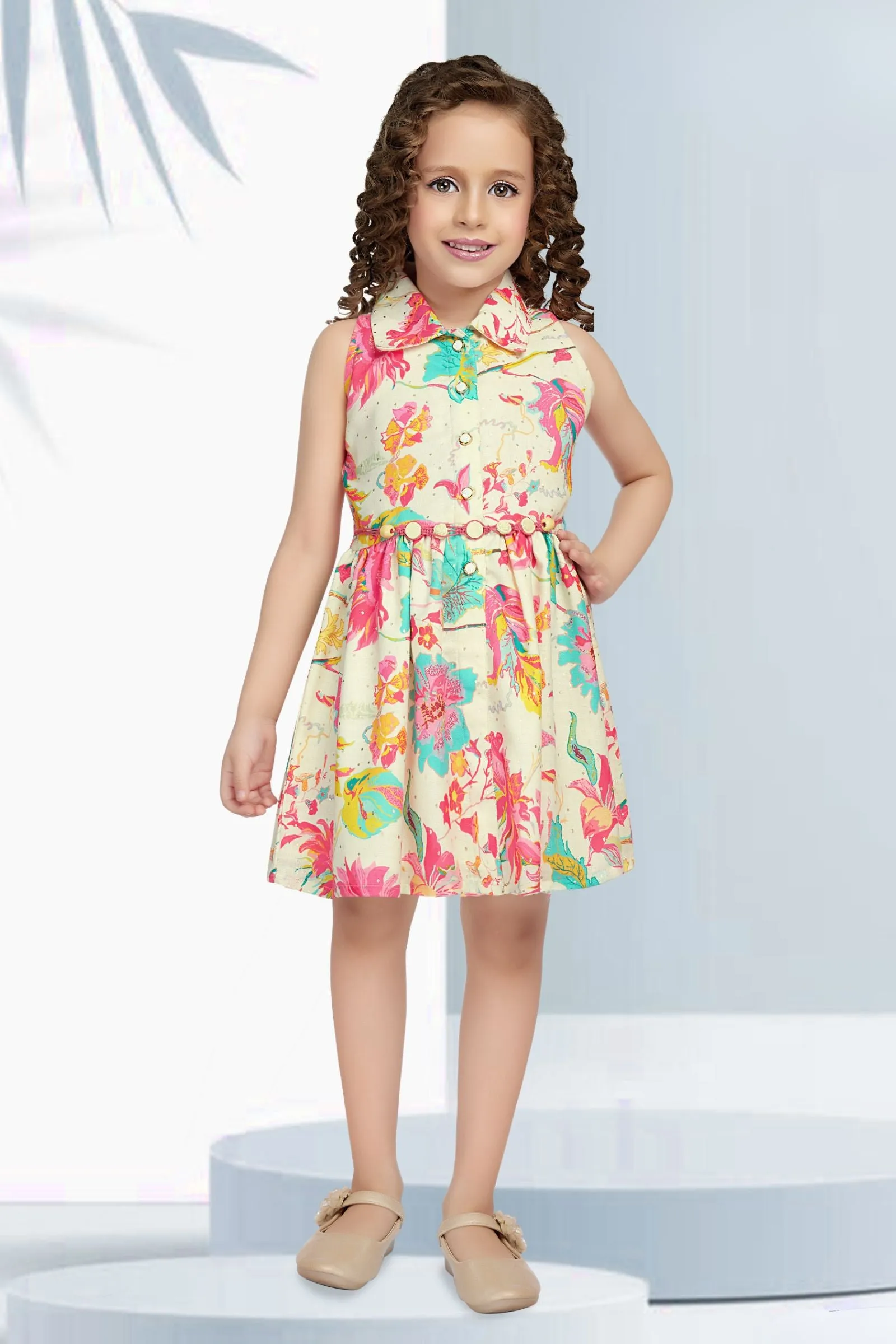 Cream with Multicolor Digital Print Short Frock for Girls