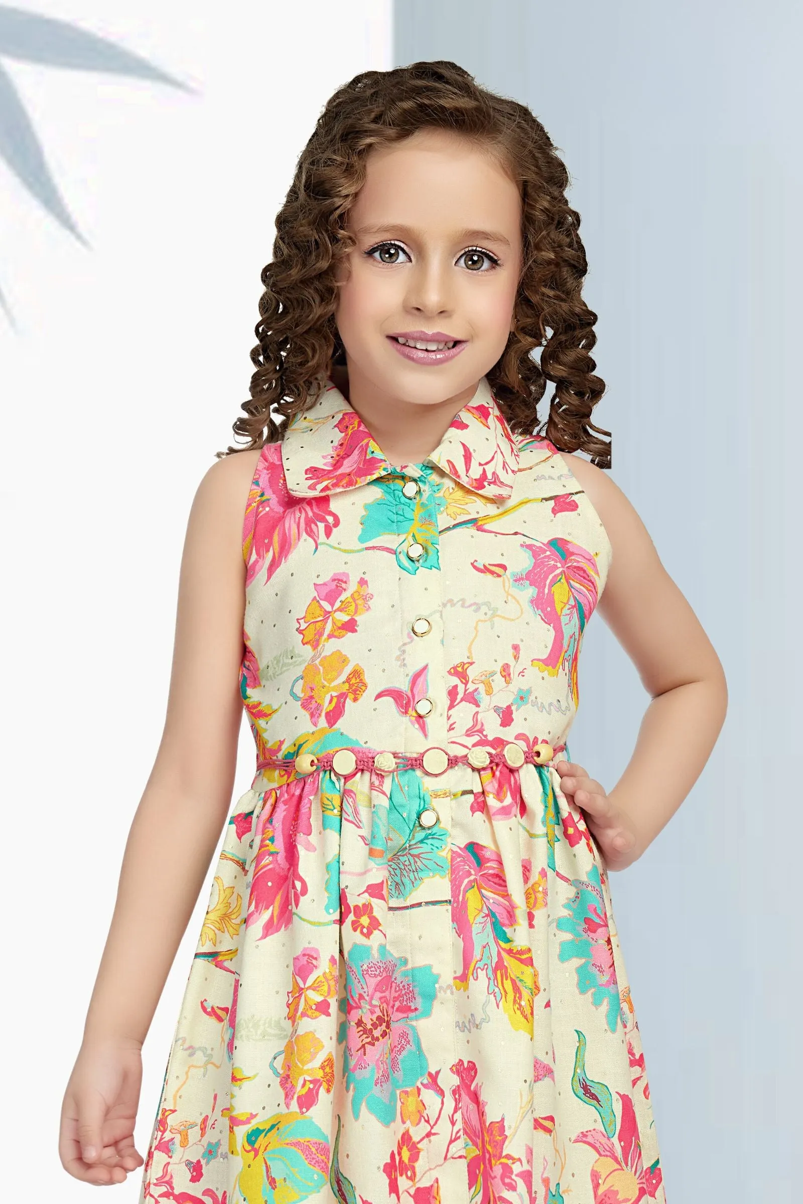 Cream with Multicolor Digital Print Short Frock for Girls