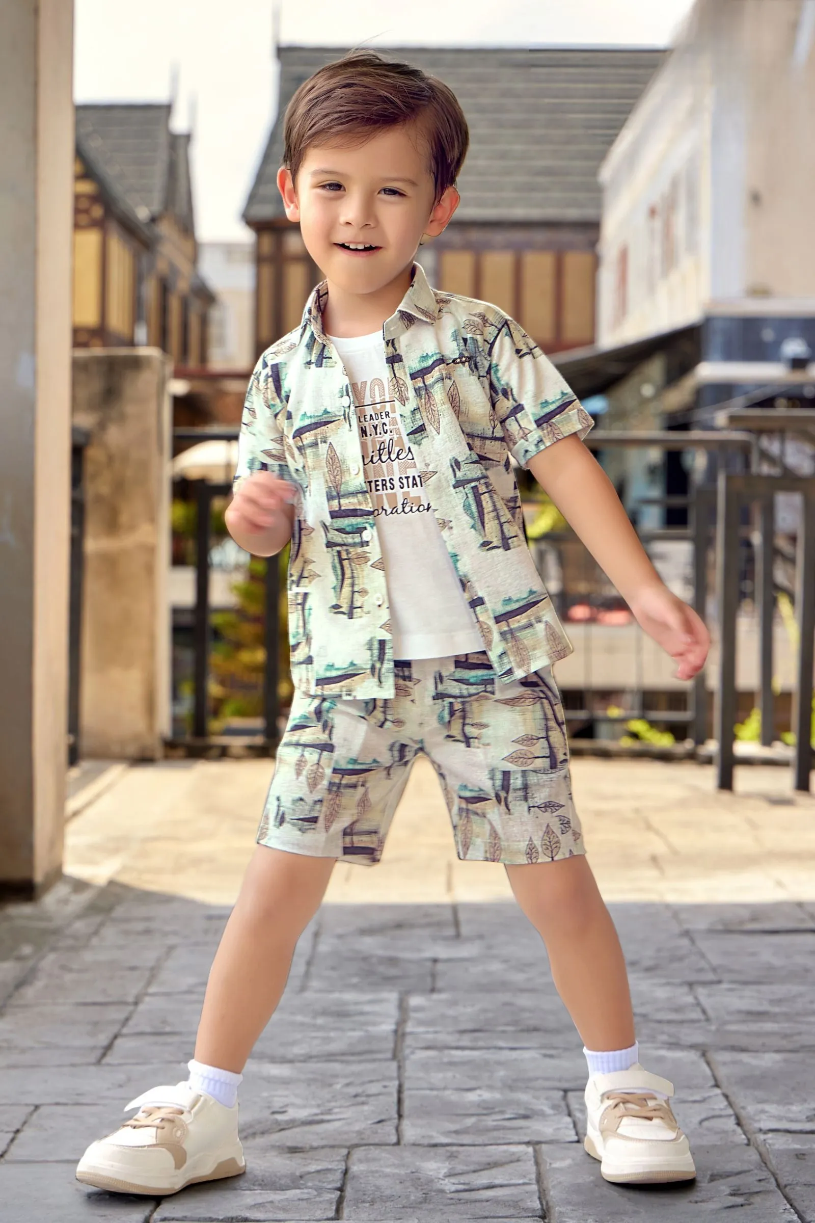 Cream with Multicolor Printed Co-Ord Set for Boys