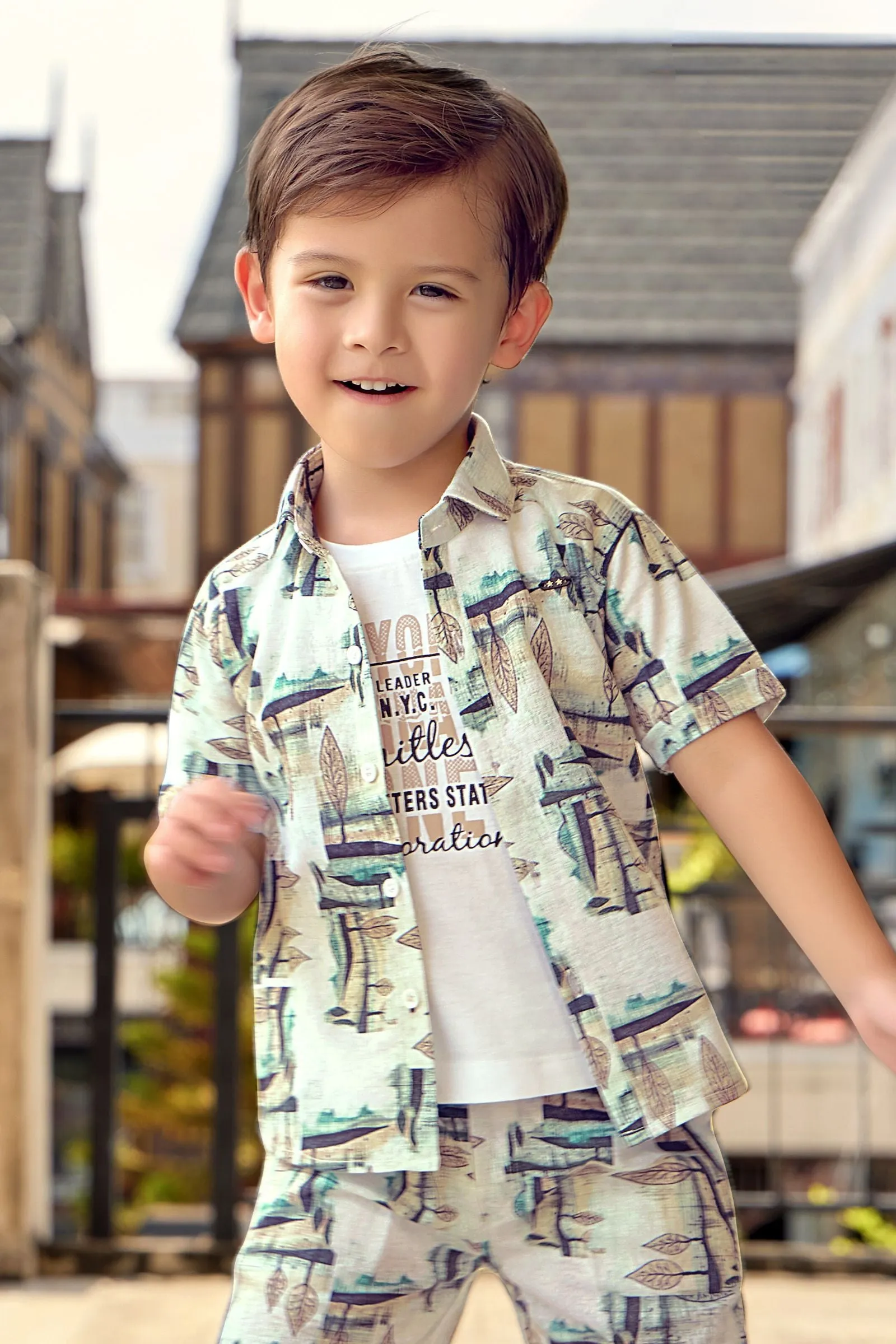 Cream with Multicolor Printed Co-Ord Set for Boys