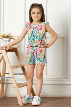 Cream with Multicolor Printed Top and Divider Skirt for Girls