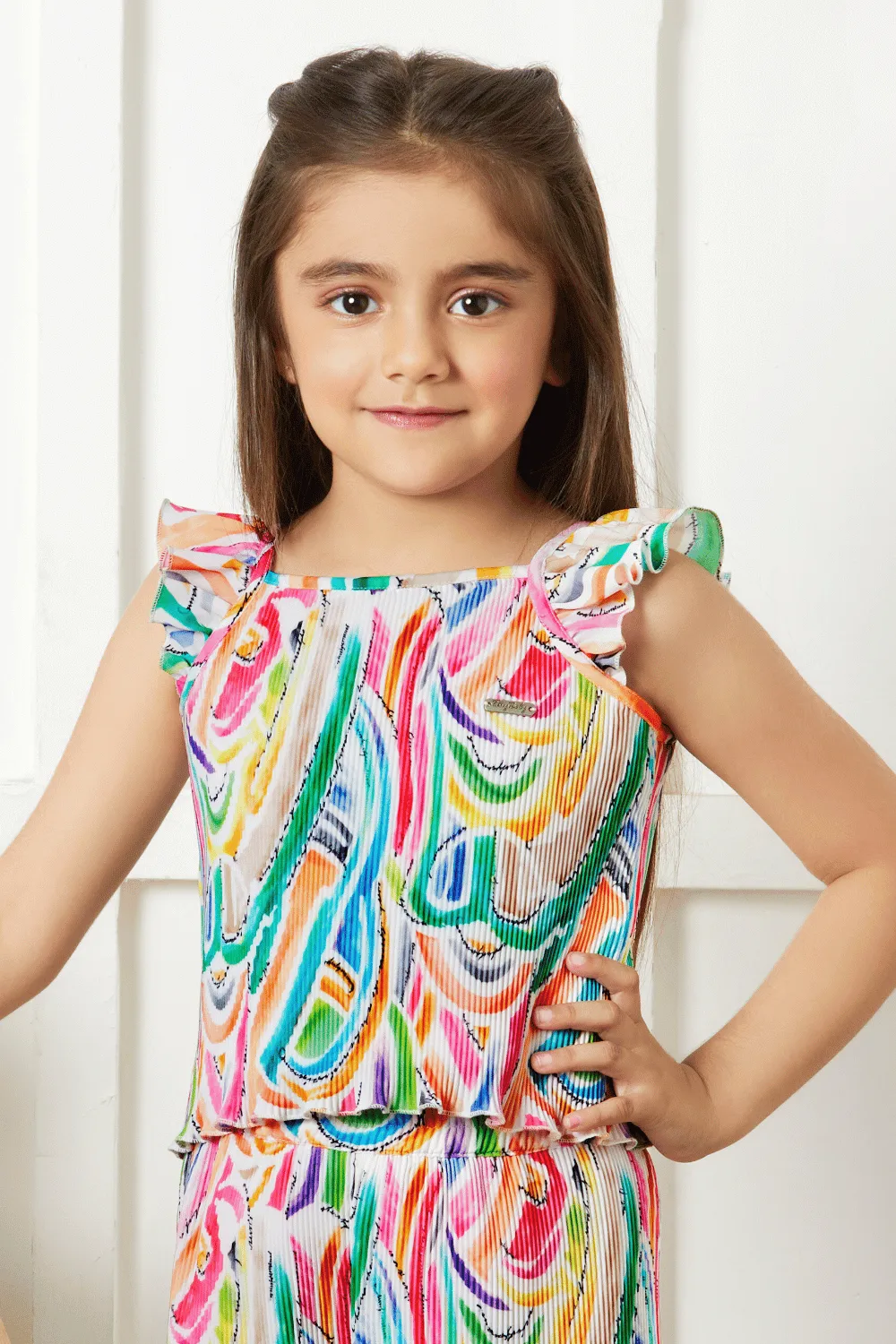 Cream with Multicolor Printed Top and Divider Skirt for Girls