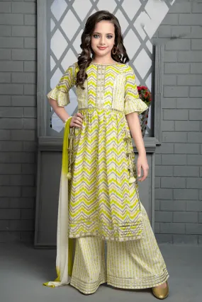 Cream with Multicolor Printed, Zari, Thread and Sequins work Palazzo Suit Set for Girls