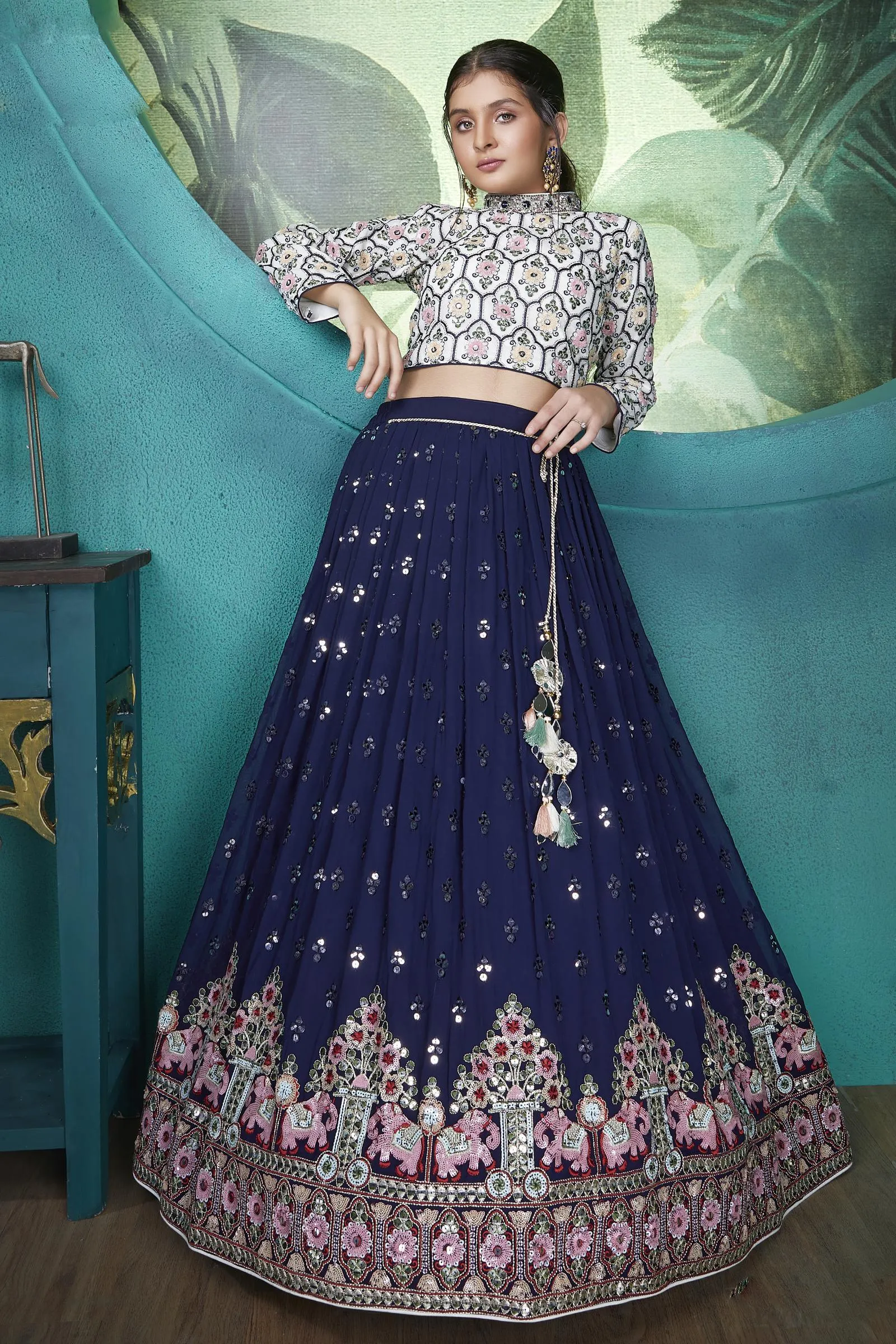 Cream with Navy Blue Sequins, Thread, Beads and Stone work Lehenga Choli for Girls