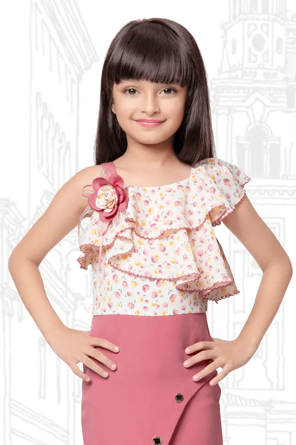 Cream with Pink Floral Print Knee Length Frock for Girls