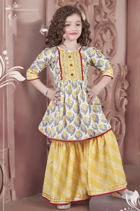 Cream with Yellow Digital Print, Beads, Stone and Zari work for Girls Sharara Suit Set