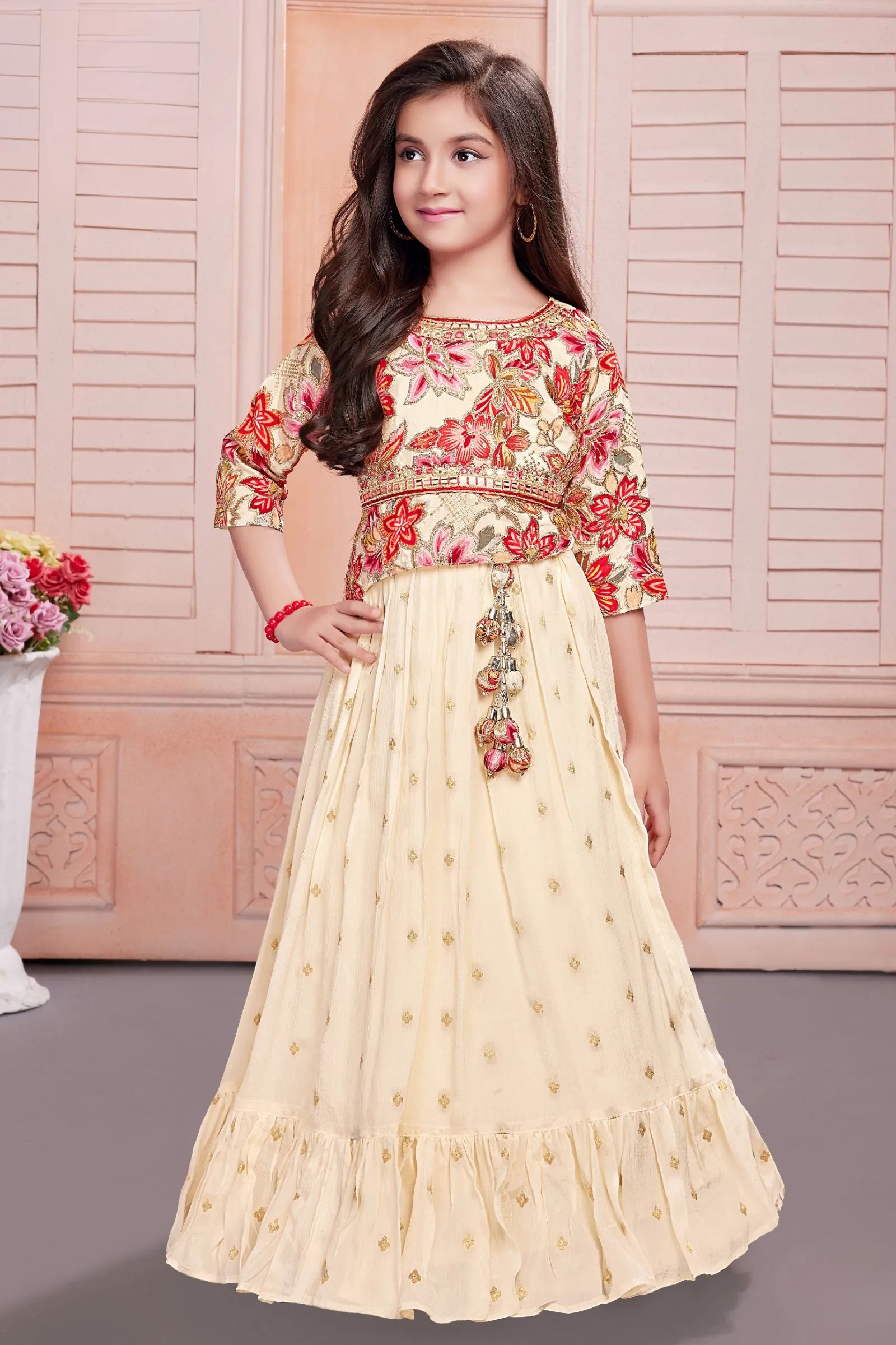 Cream Zari, Sequins, Mirror and Stone work with Floral Print Lehenga Choli for Girls