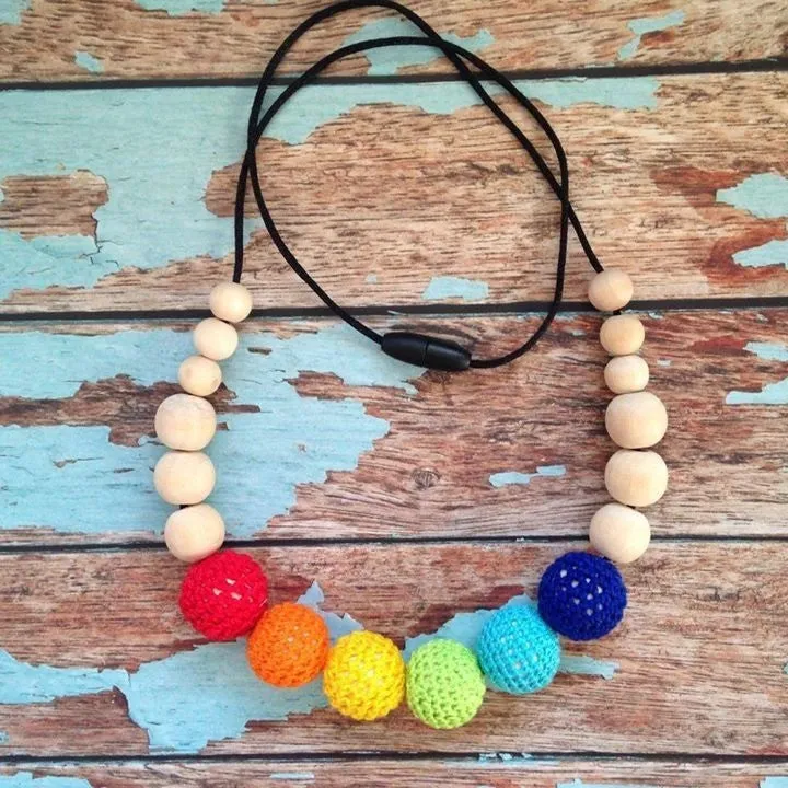 Crochet and Wood Bead Nursing Necklace - Rainbow