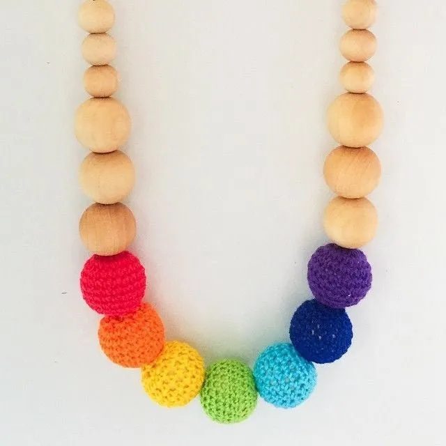 Crochet and Wood Bead Nursing Necklace - Rainbow