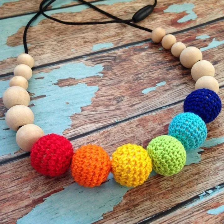 Crochet and Wood Bead Nursing Necklace - Rainbow