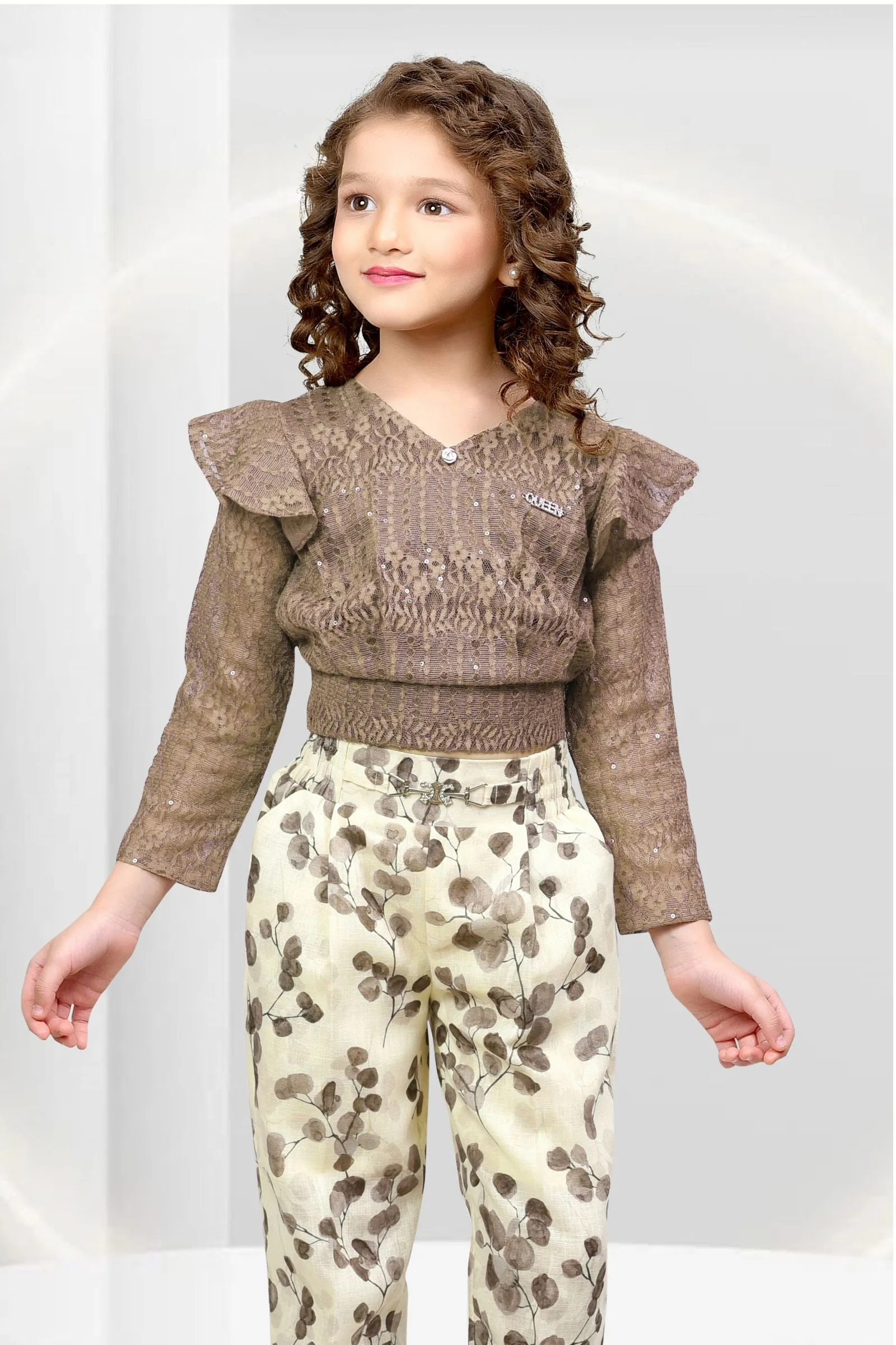 Dark Grey with Cream Printed, Sequins and Thread work Top and Pant Set for Girls