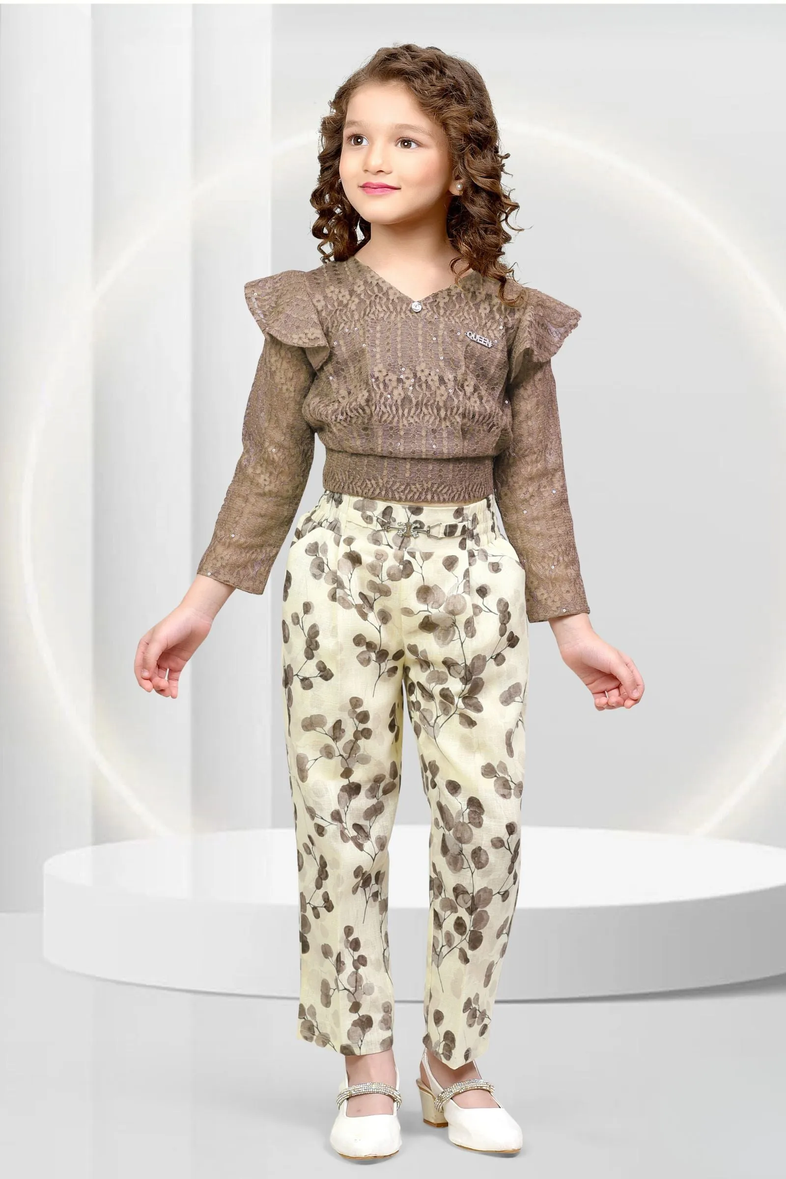 Dark Grey with Cream Printed, Sequins and Thread work Top and Pant Set for Girls