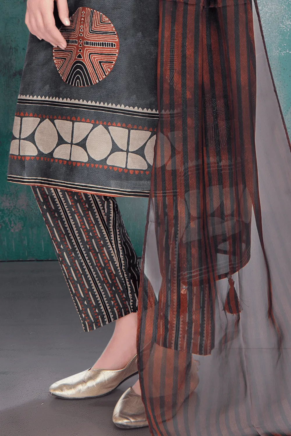 Dark Grey with Printed Straight Cut Salwar Suit for Girls