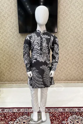 Dark Grey with White Digital Print Kurta Set for Boys