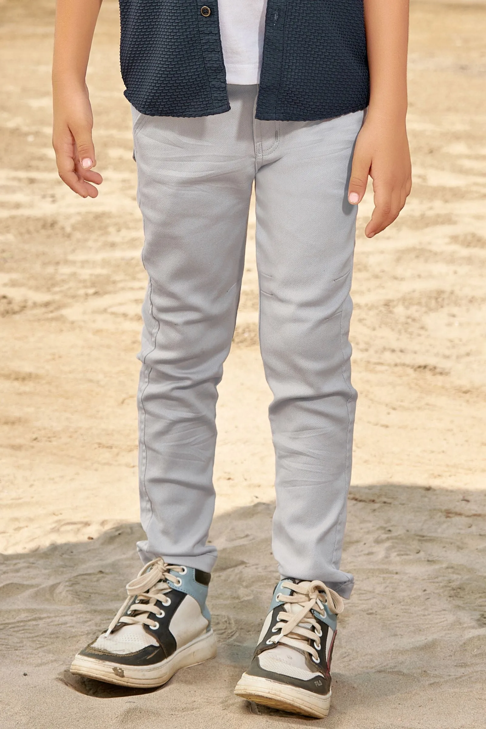 Dark Grey with White Printed Blazer, T-Shirt and Grey Pant Set for Boys with Belt