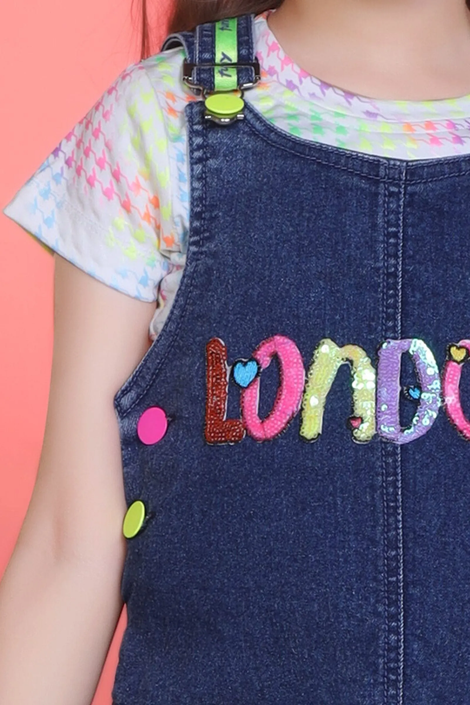 Denim Blue Dungaree with White Printed Top for Girls