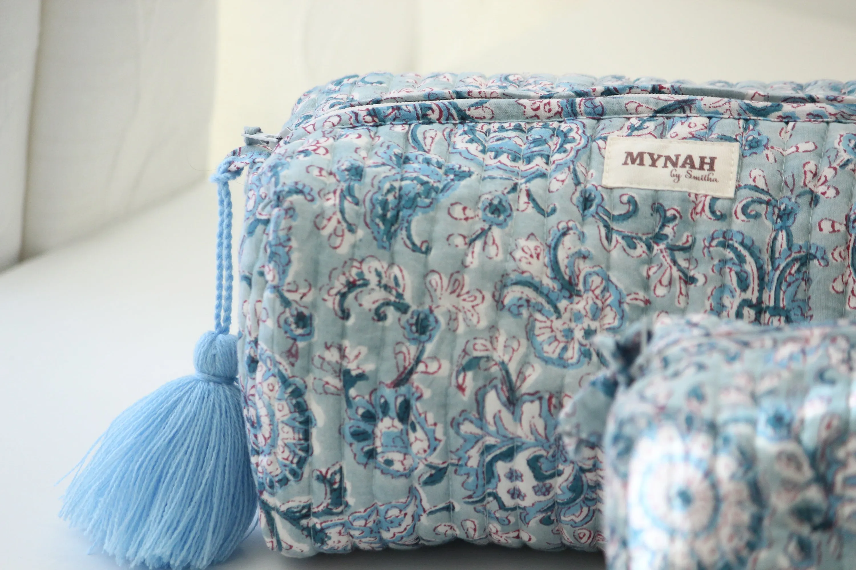 'DUSTY BLUE' hand block printed quilted travel/makeup zipper pouch-set of 3