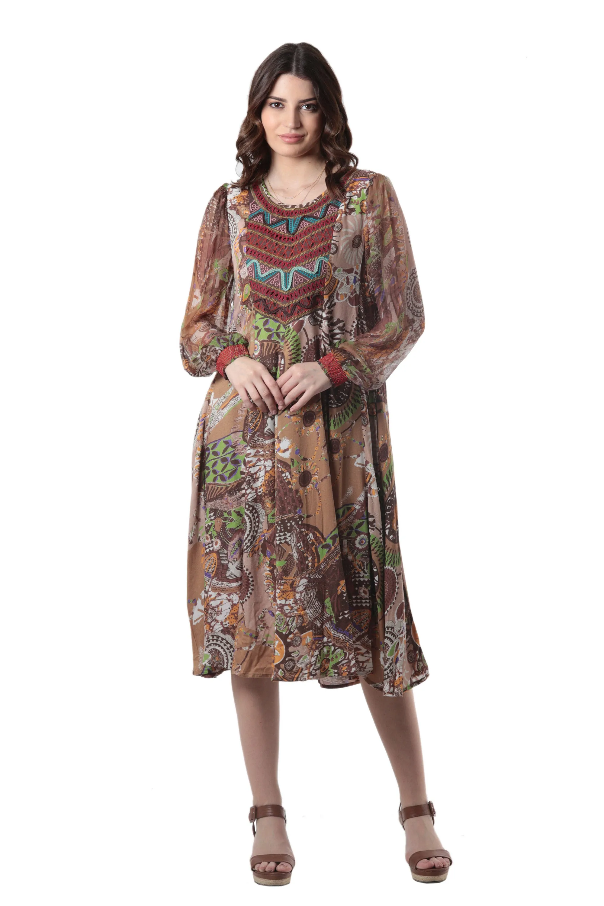 Embroidered Viscose Chiffon A-Line Dress - Royal Waves | NOVICA