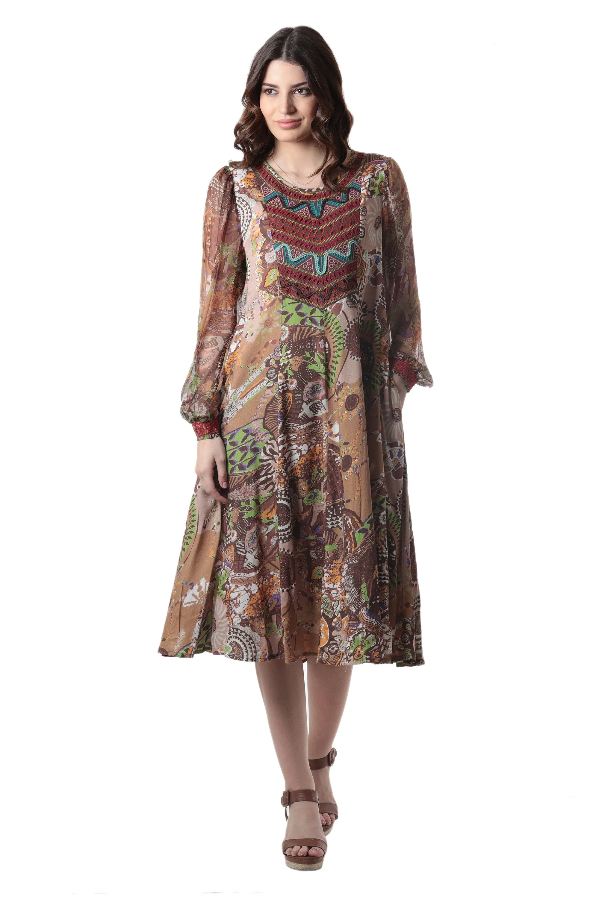 Embroidered Viscose Chiffon A-Line Dress - Royal Waves | NOVICA