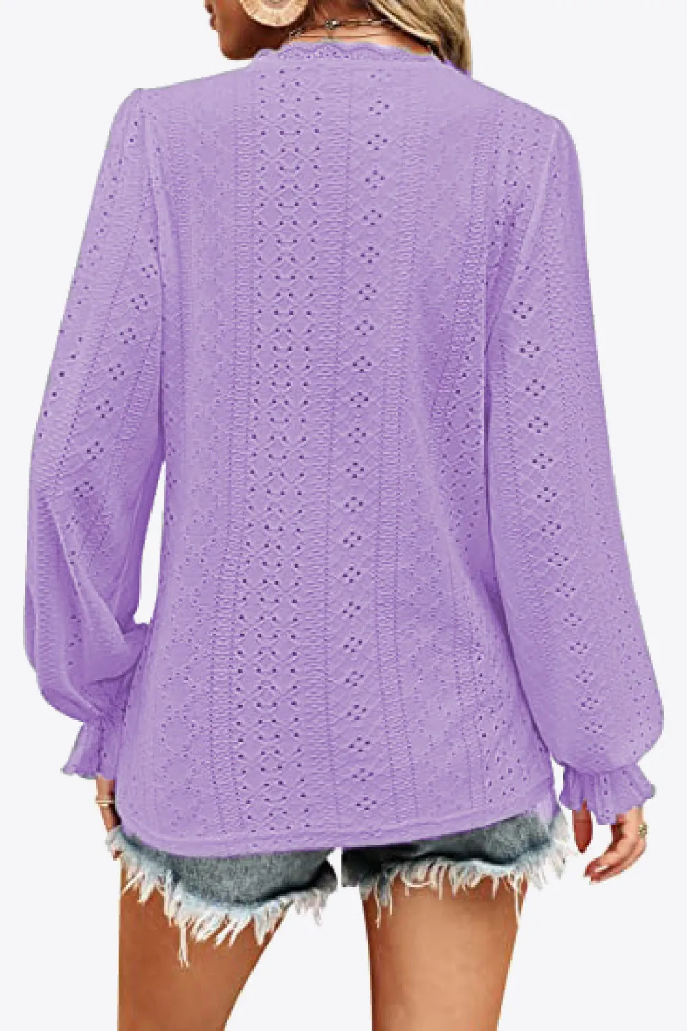 Eyelet V-Neck Flounce Sleeve Blouse