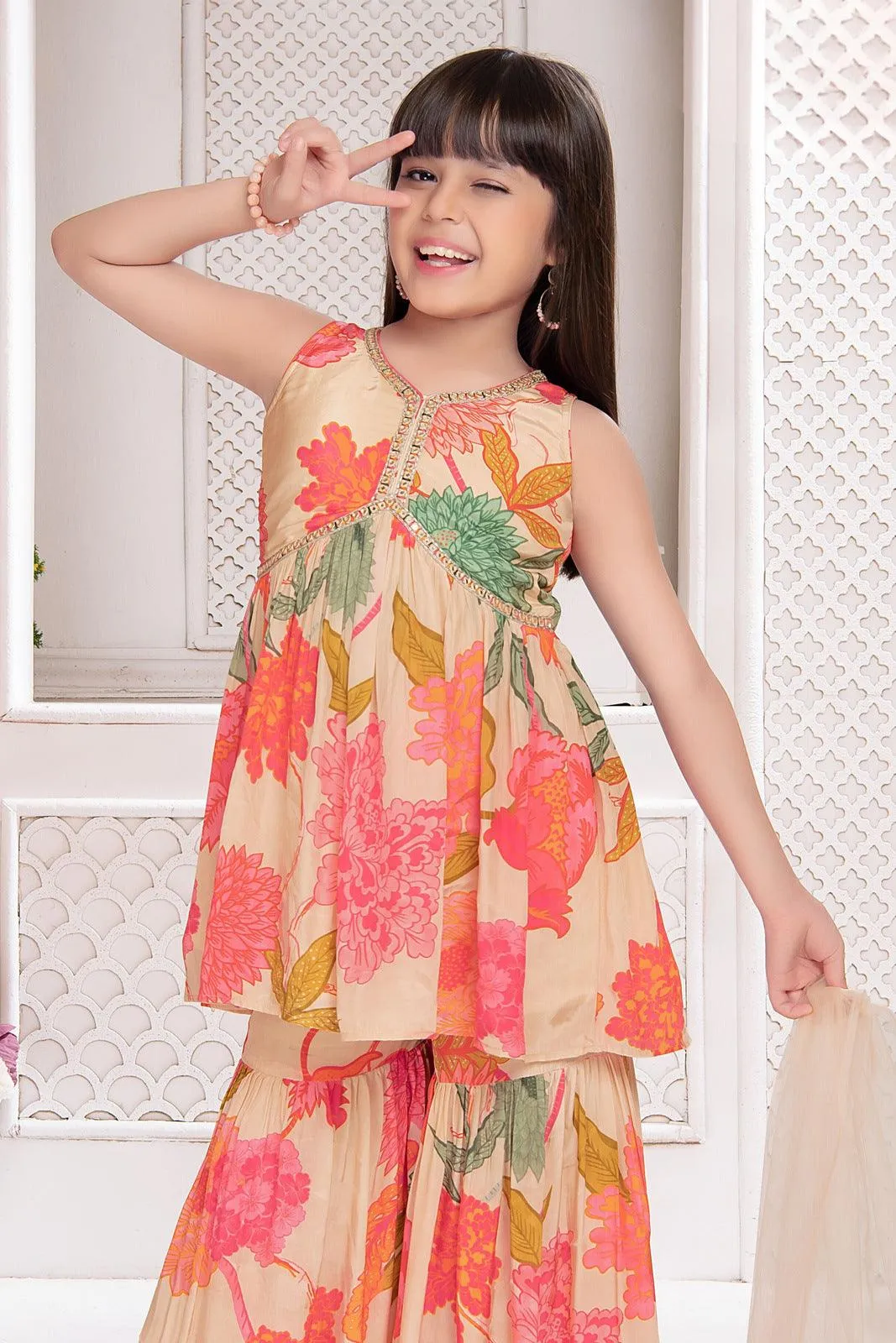 Fawn Floral Print Alia Cut Peplum Top and Sharara Set for Girls