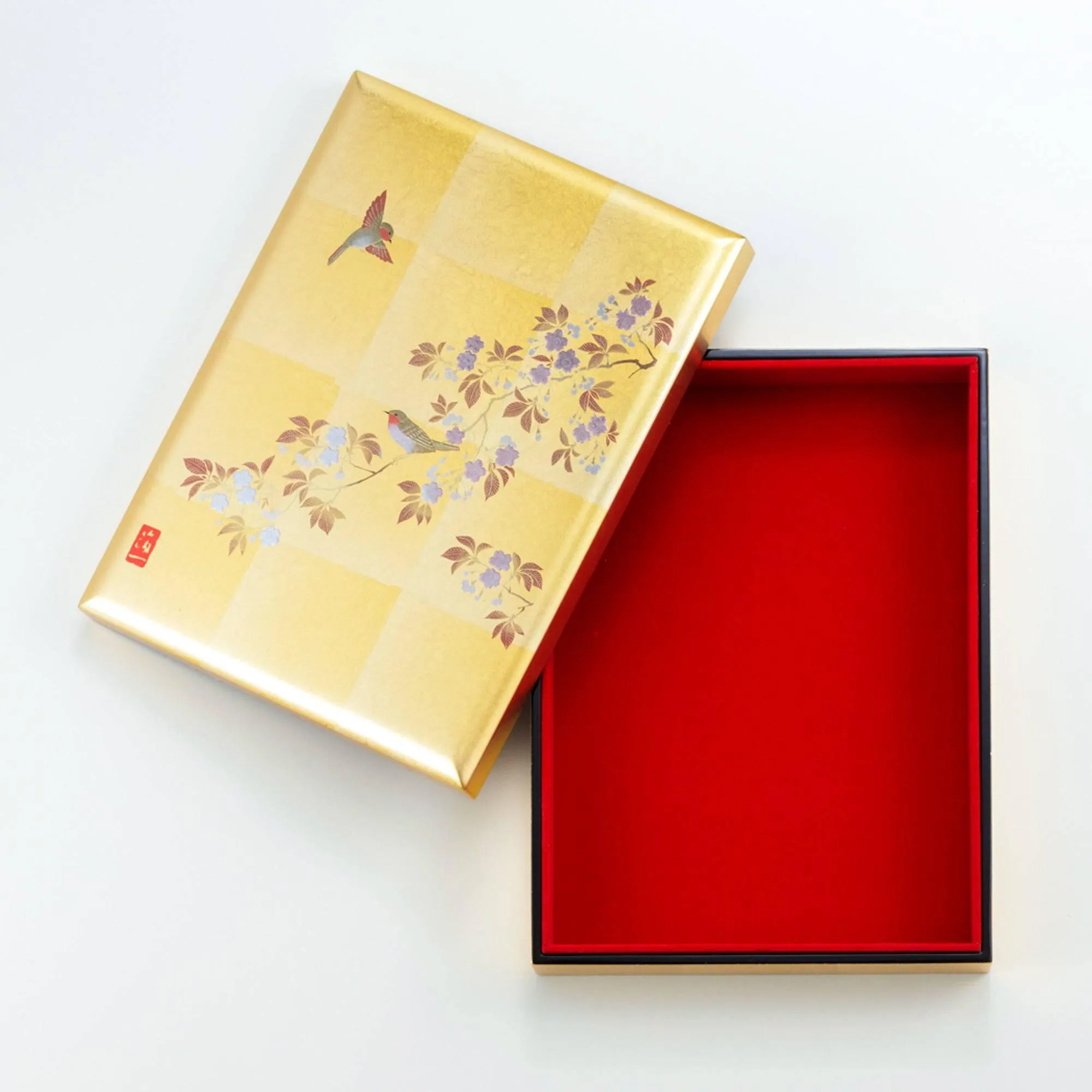 Gold Leaf Sakura and Bird Stationery Box with Red Felt Interior