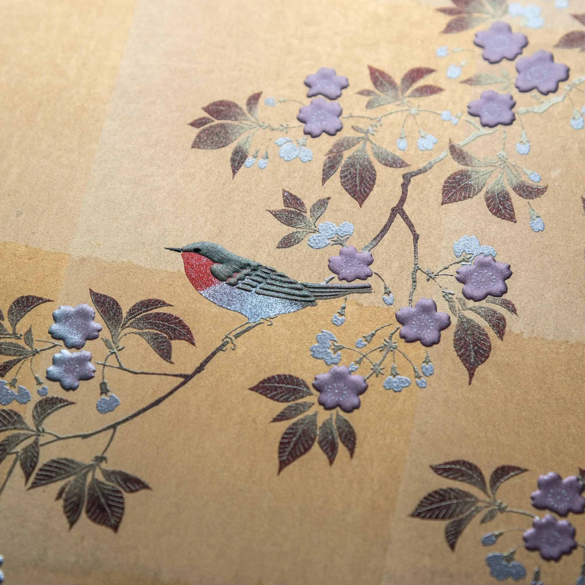 Gold Leaf Sakura and Bird Stationery Box with Red Felt Interior