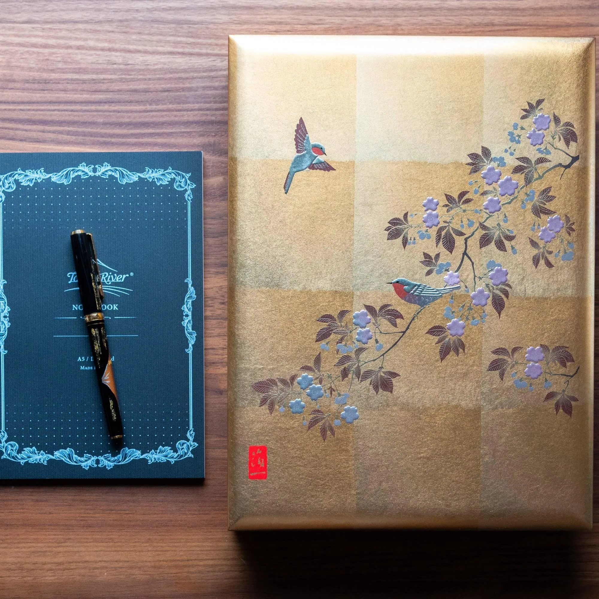 Gold Leaf Sakura and Bird Stationery Box with Red Felt Interior