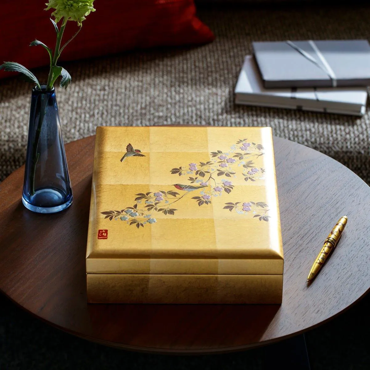 Gold Leaf Sakura and Bird Stationery Box with Red Felt Interior