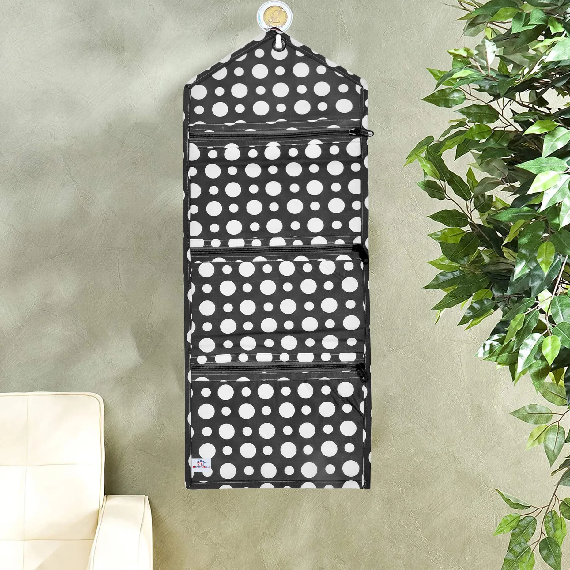 Heart Home Dot Printed 3 Pockets Wall Hanging Storage Organizer, Magazine/Letter Holder, Stationary Organizer (Black & White)-HS43HEARTH25742