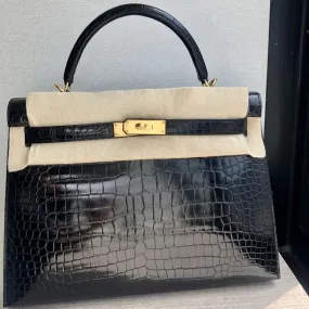 Hermès Kelly 32 Noir (Black) Sellier Crocodile Porosus Lisse Gold Hardware GHW