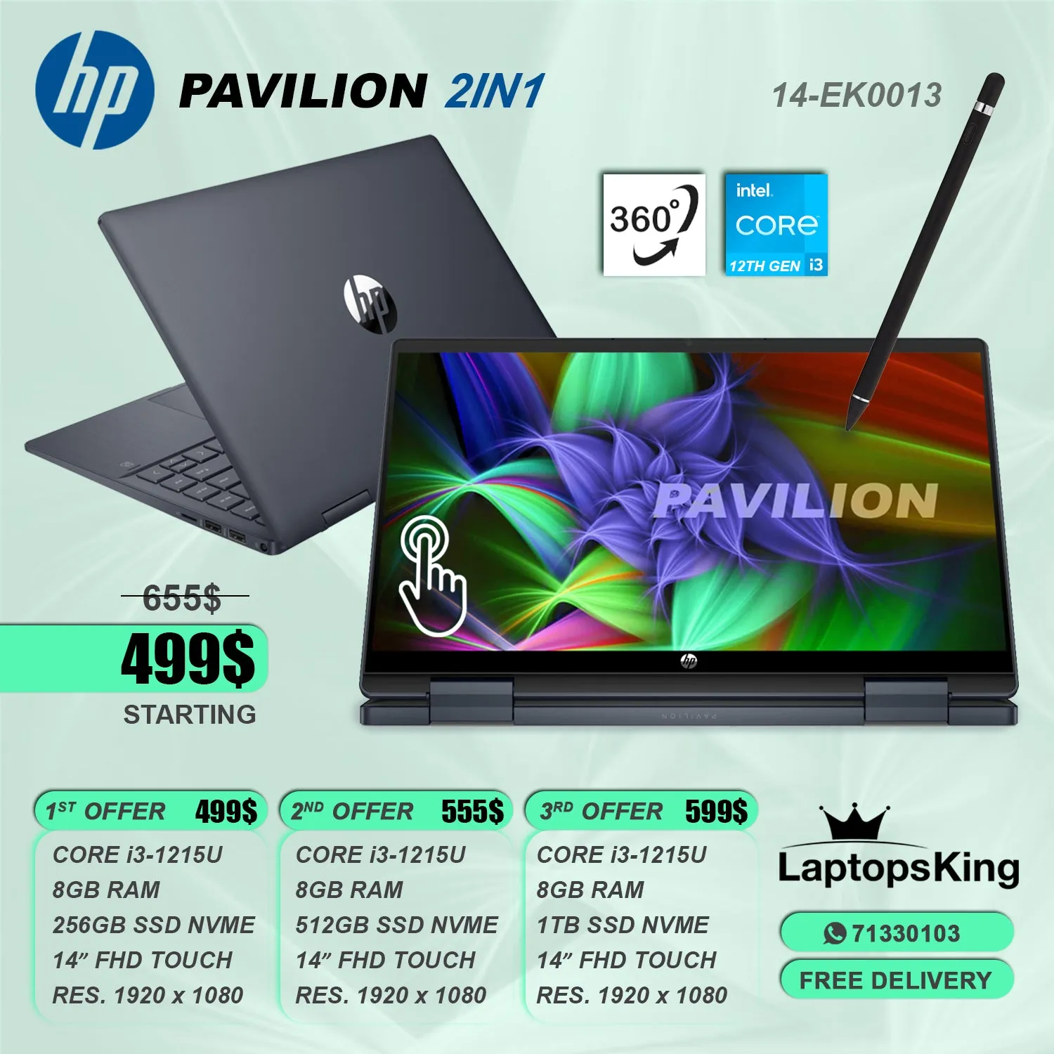 Hp Pavilion X360 14-EK0013 Core i3-1215u 14" 2in1 Laptop Offers (New OB)