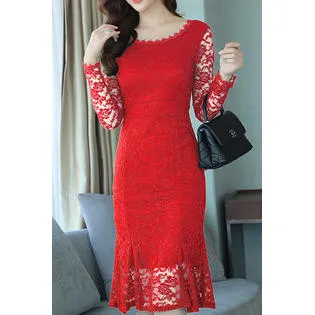 Ketty More Women Half Sleeve Knee Length Hollow Lace-KMWDC772