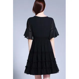 Ketty MoreWomen Splendid Trumpet Short Sleeve Round Solid Pattern Mid Length Chiffon Dress -KMWDC5098