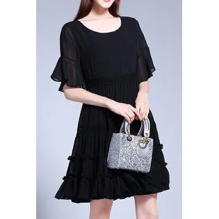 Ketty MoreWomen Splendid Trumpet Short Sleeve Round Solid Pattern Mid Length Chiffon Dress -KMWDC5098