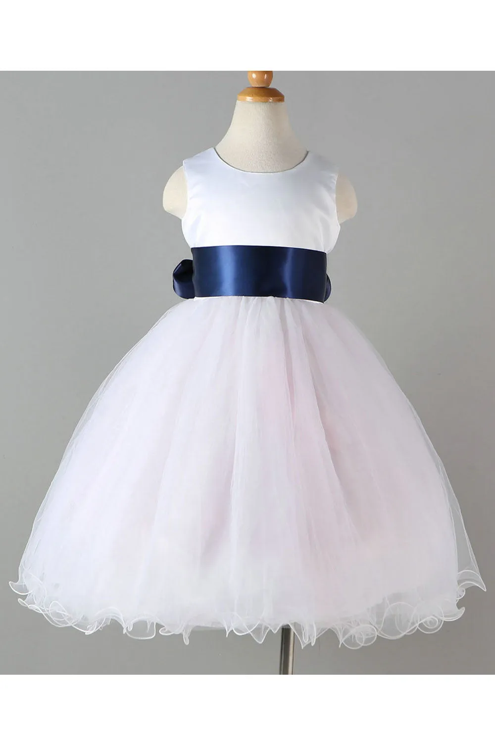 Kids Girls Splendid Solid Pattern Ribbon Knotted Waist Round Neck Beautiful Princess Dress - KGD116666