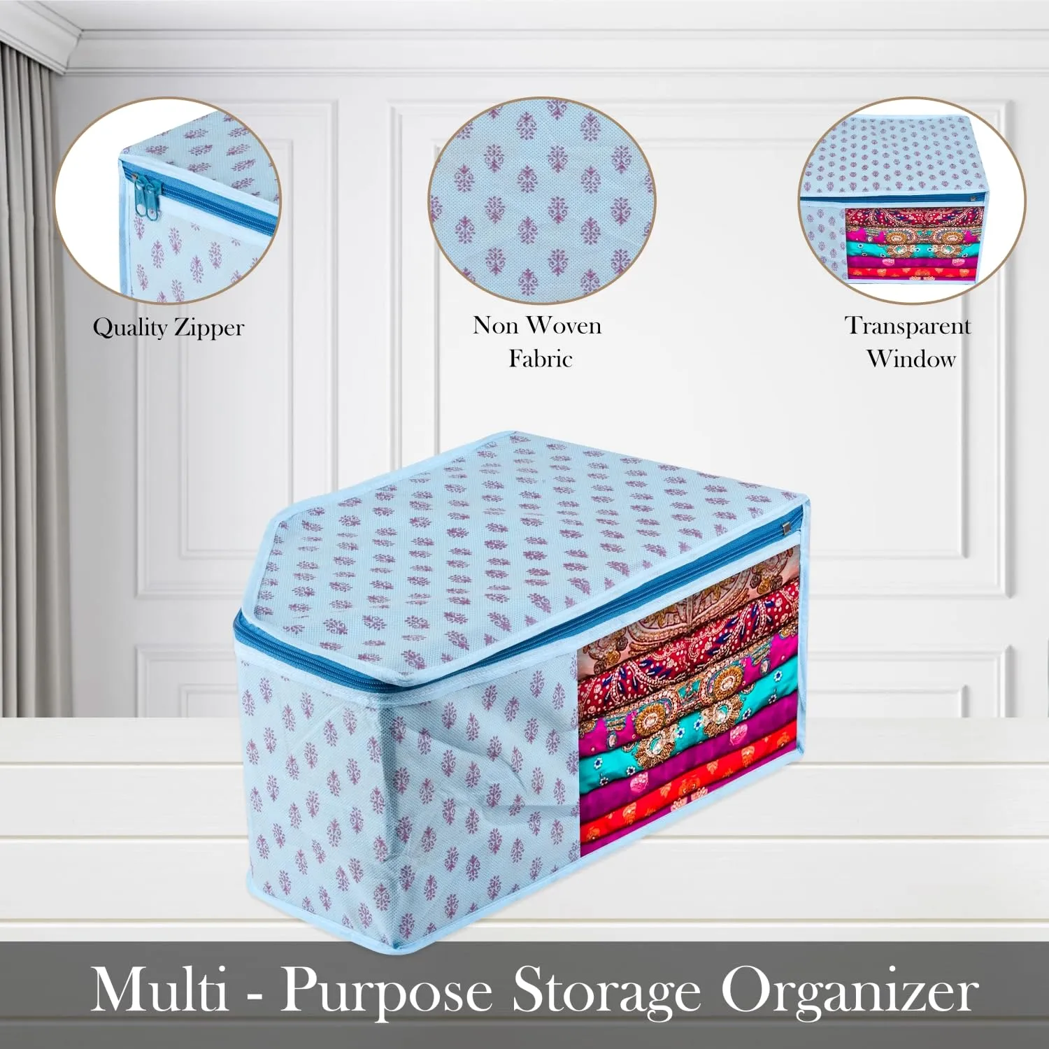 Kuber Industries Blouse Cover | Clothes Storage Bag | Zipper Wardrobe Organizers | Non-Woven Clothes Organiser | Side Transparent Blouse Organizer | Floral-Design | Pack of 12 | Blue