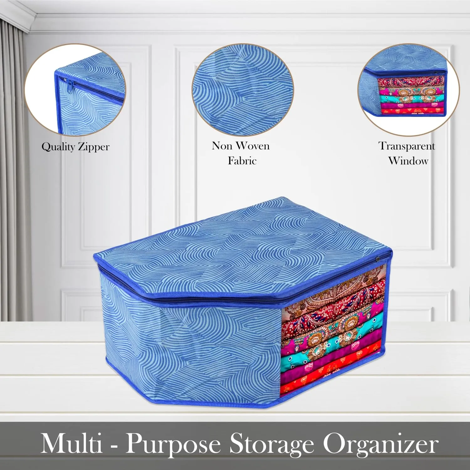 Kuber Industries Blouse Cover | Clothes Storage Bag | Zipper Wardrobe Organizers | Non-Woven Clothes Organiser | Side Transparent Blouse Organizer | Lahariya-Design | Pack of 12 | Blue