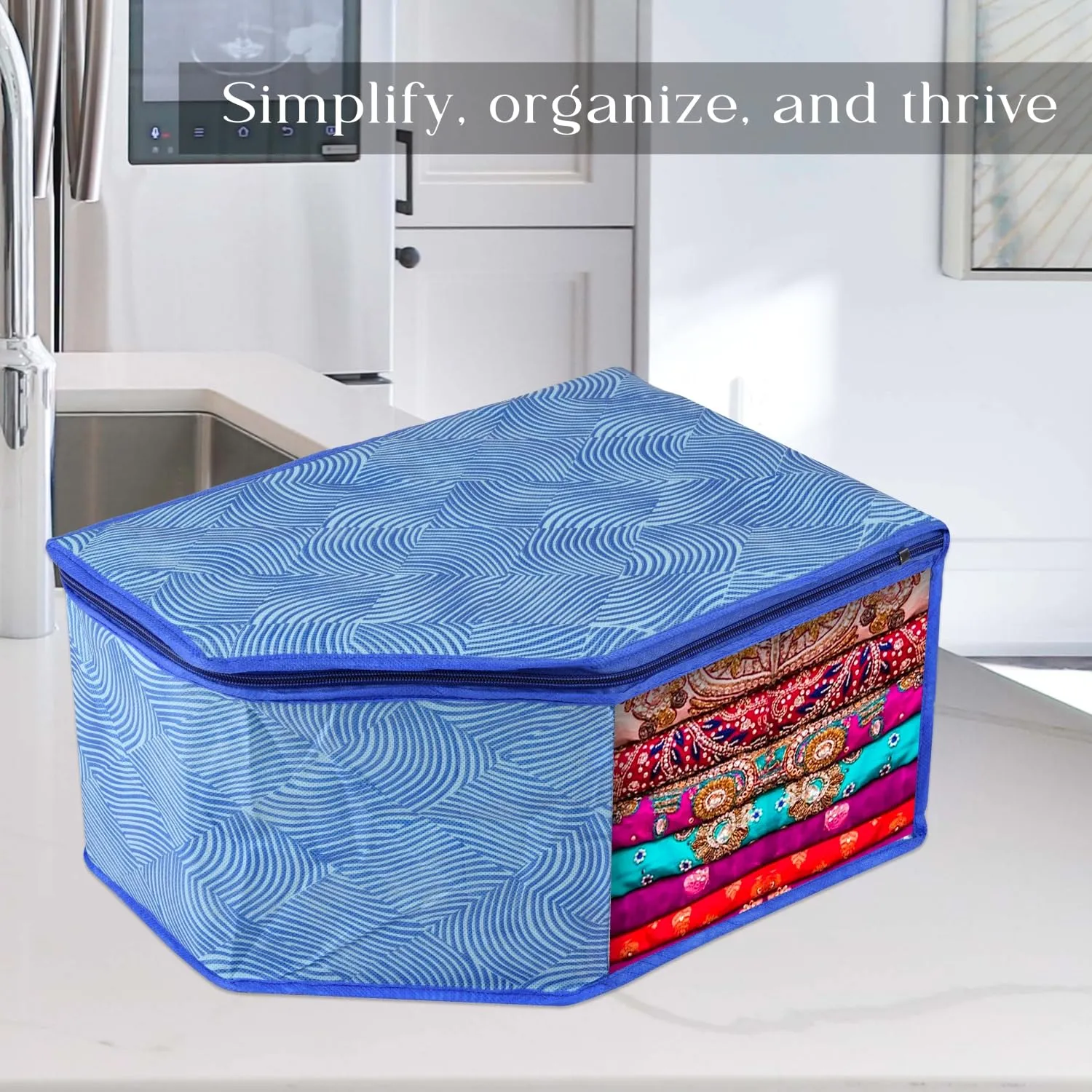 Kuber Industries Blouse Cover | Clothes Storage Bag | Zipper Wardrobe Organizers | Non-Woven Clothes Organiser | Side Transparent Blouse Organizer | Lahariya-Design | Pack of 12 | Blue