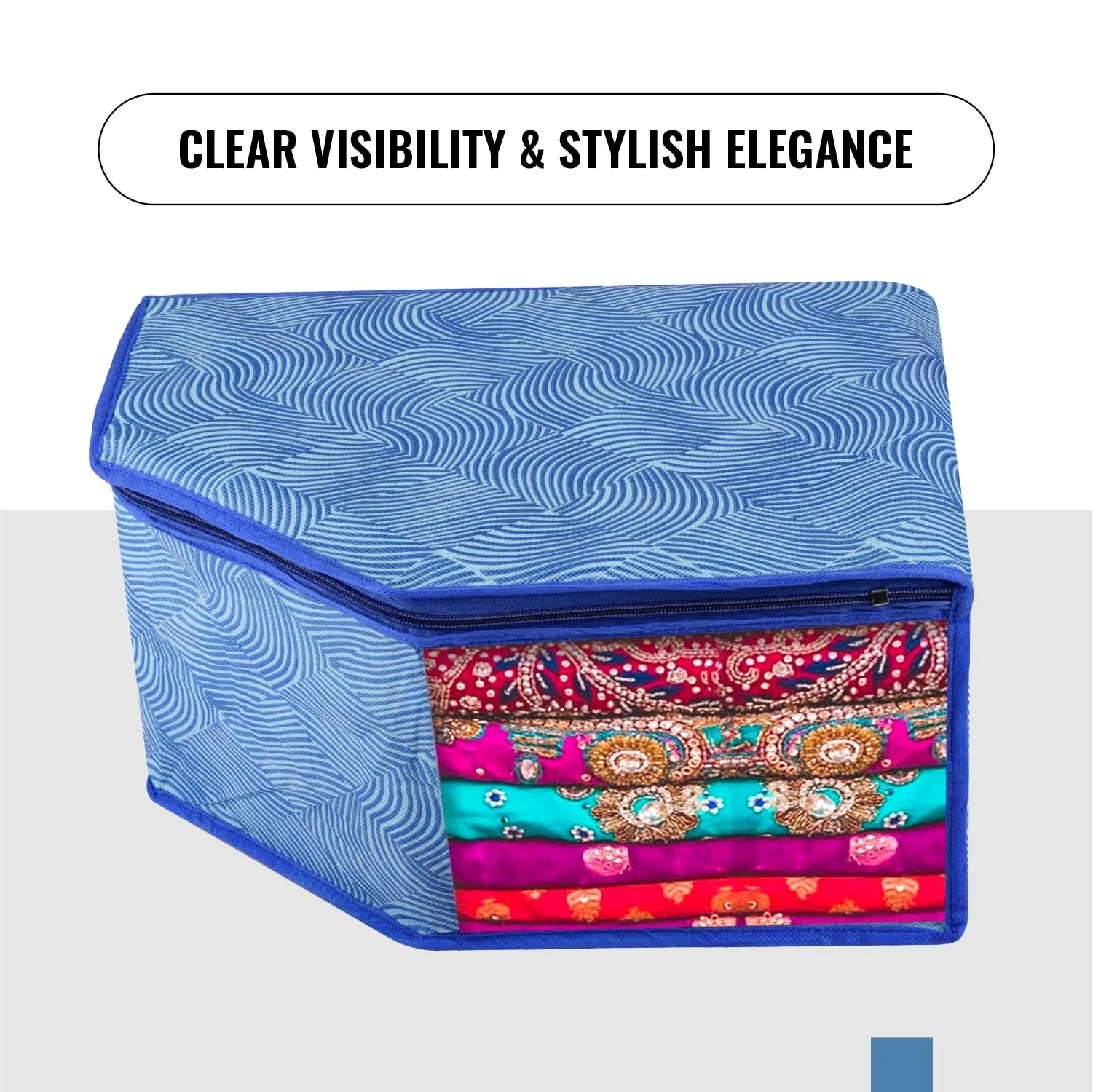 Kuber Industries Blouse Cover | Clothes Storage Bag | Zipper Wardrobe Organizers | Non-Woven Clothes Organiser | Side Transparent Blouse Organizer | Lahariya-Design | Pack of 12 | Blue