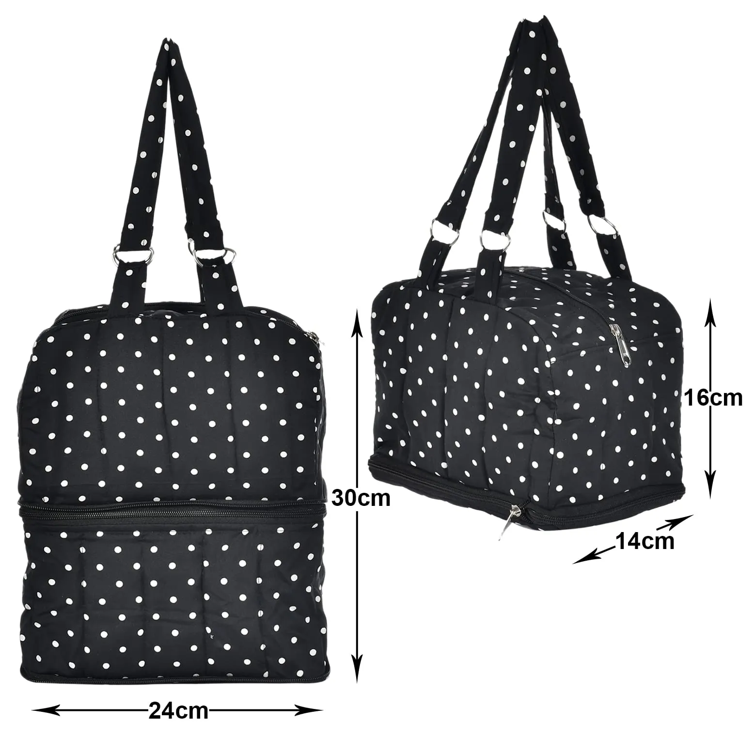 Kuber Industries Dot Printed Multiuses Hand Bag: Tote Bag: Travel Toiletry Bag For Women/Girls (Black)-45KM017