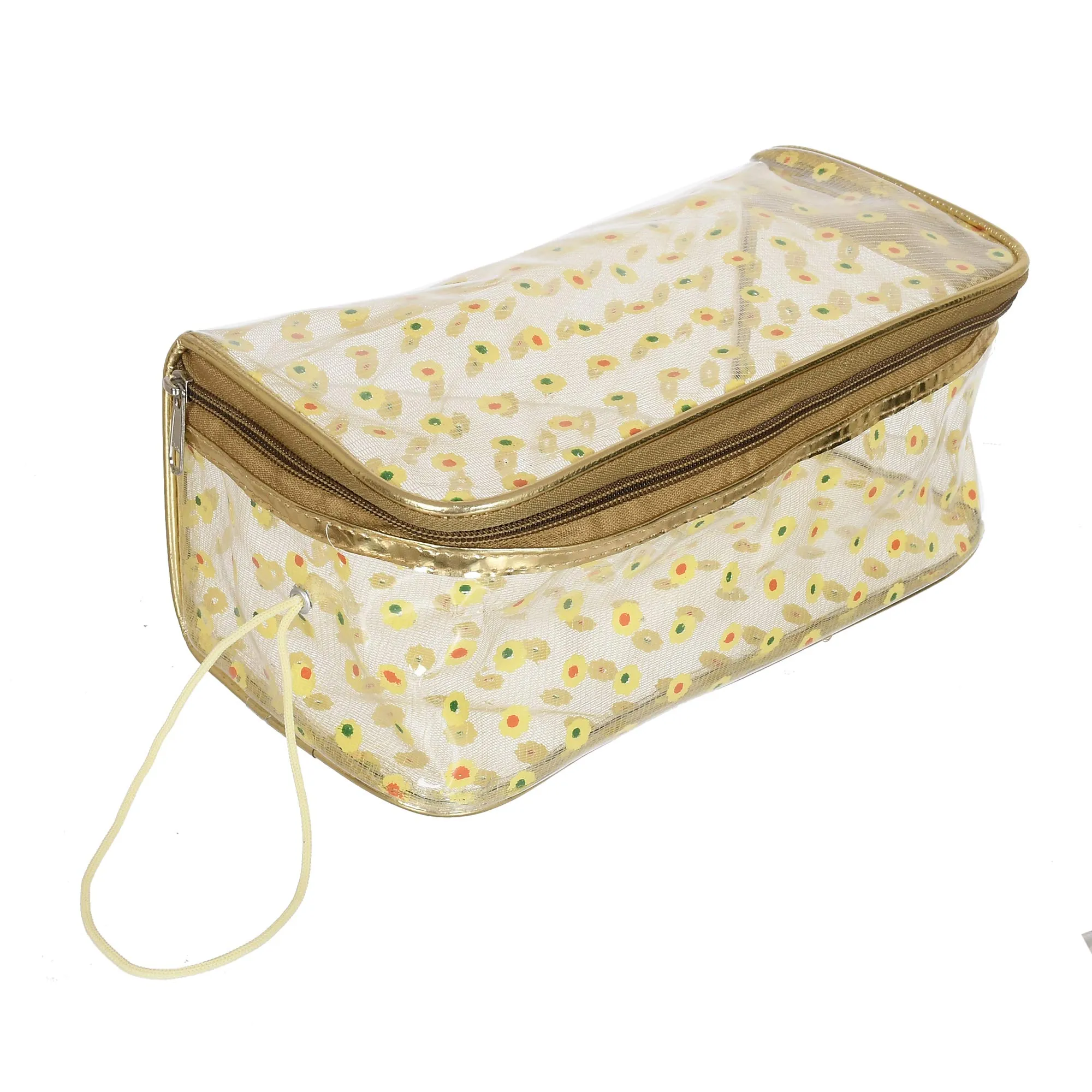 Kuber Industries Flower Design Heavy Duty Clear Travel Toiletry Makeup Bags Transparent Shaving Bag Water Resistant Cosmetic Bag Organizer Pouch with Zipper and Handle-Set of 4 (Yellow)