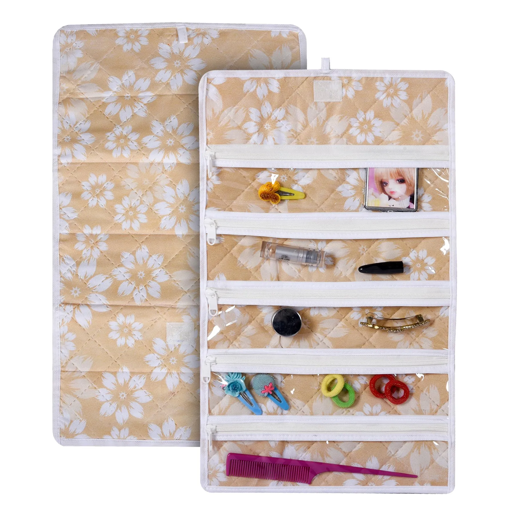 Kuber Industries Hanging Makeup Organizer | Waterproof Watches Organizer | 5 Pocket Jewellery Organizer | Cosmetic Organizer with Velcro | Foldable Payal Kit | Flower Quilted | Golden