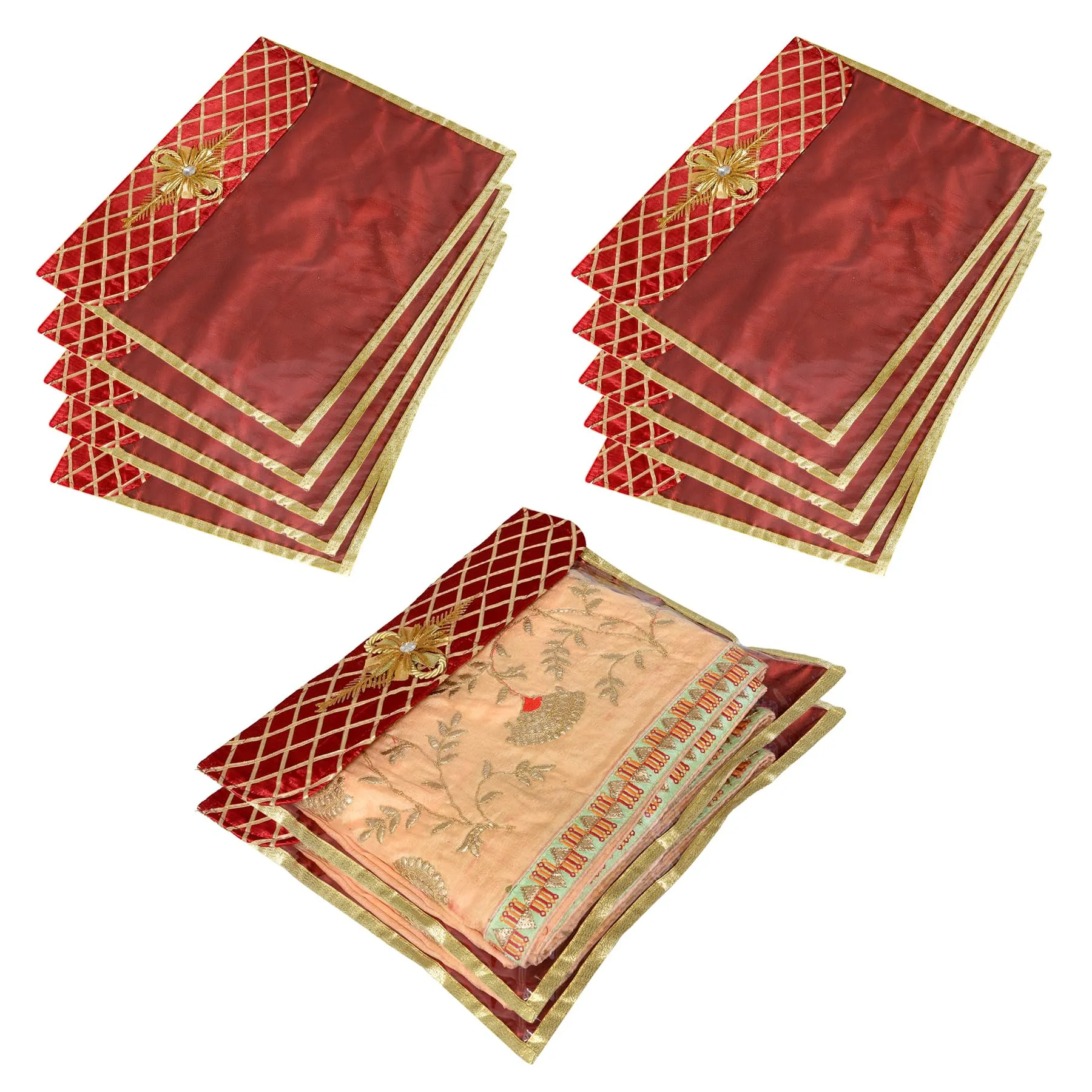 Kuber Industries Saree Cover | Clothes Storage Bag | Single Packing Saree with Velcro | Wardrobe Organizer | Cloth Stoarge Organizer | Check Jama Brooch-Design | Pack of 12 | Maroon