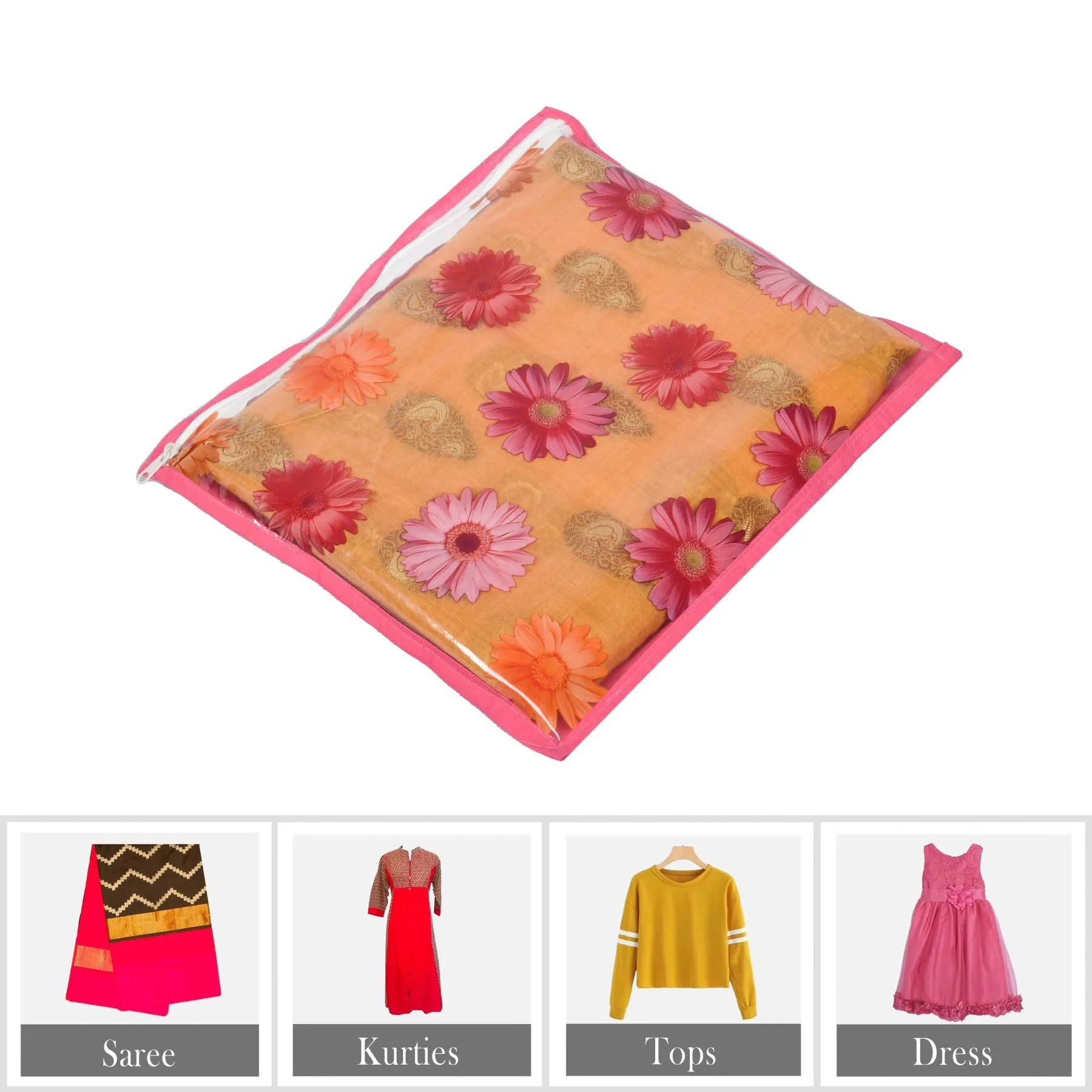 Kuber Industries Saree Cover | Clothes Storage Bag | Single Packing Saree with Zip Closure | Wardrobe Organizer | Cloth Stoarge Organizer | Flower Design | Pack of 24 | Assorted